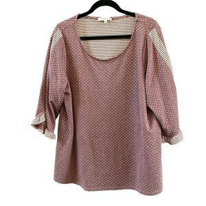 Rose + Olive Womens 2X Polka Dot & Stripe Top Mauve 3/4 Sleeve Scoop Neck Casual